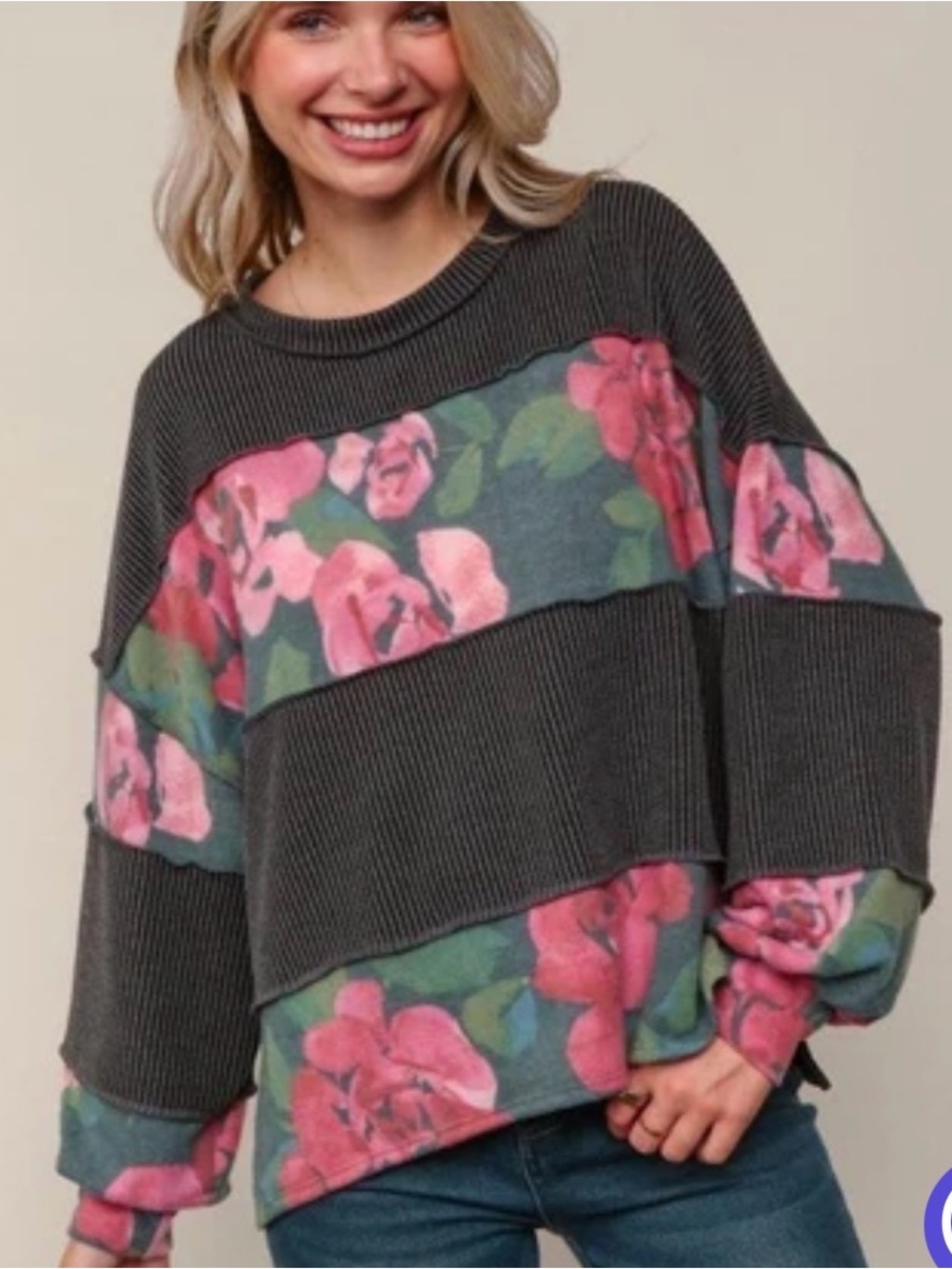 Haptics Floral-Trim Ribbed Pullover Sweater - Pink & Charcoal Sz 2X